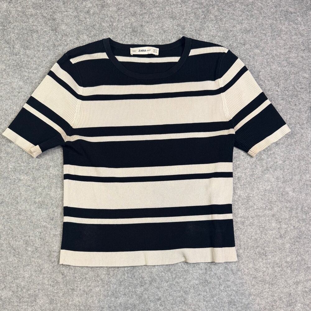 Zara Knit Black & Cream Striped Short Sleeve Sweater Top Medium